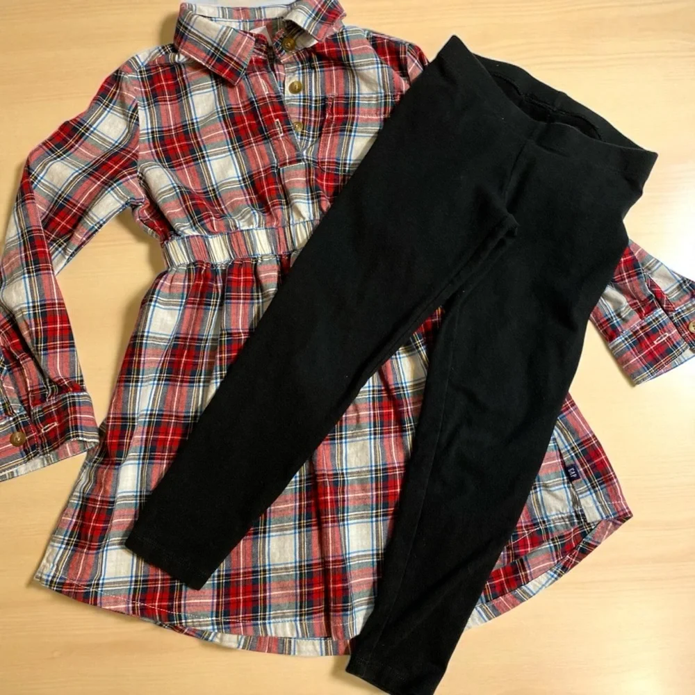 GAP Red Plaid Button Down Shirt Dress with Black Leggings 4/5 girls